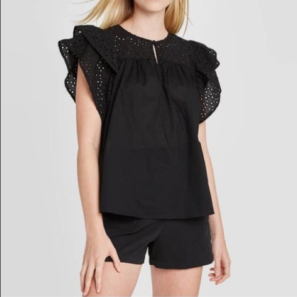 NWT A New Day Short Sleeve Eyelet Top Black - Picture 1 of 8